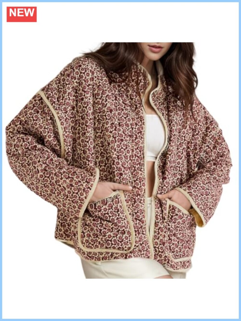 Women's Cropped Puffer Jacket Quilted Floral Print Open Front Lightweight